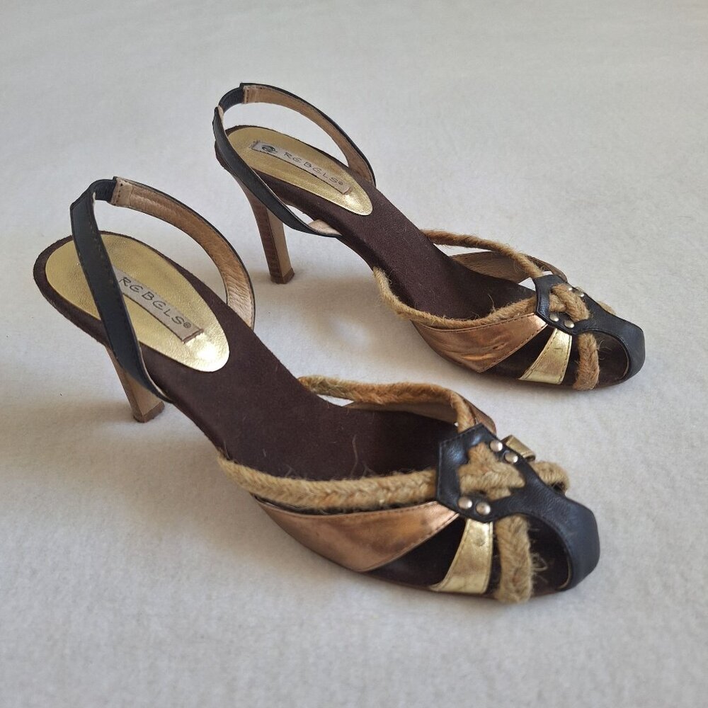 💙 Rebels Y2K Leather Rope Style Heels Size 6 Boho Retro